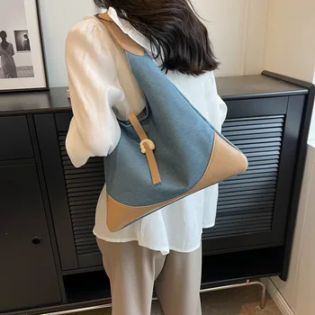 Простая повседневная сумка-тоут из мягкой кожи с цветными вставками, сумка для поездок на работу, модная женская сумка через плечо, универсальная