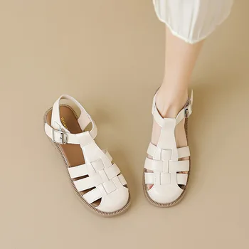 2023 Летние женские сандалии винтажного классического плетения Romme, Кожаные сандалии с закрытым носком, женская повседневная мягкая удобная обувь для мам