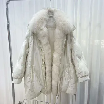 2023, Новая мода, воротник из натурального лисьего меха, куртка на белом утином пуху, зимнее женское теплое свободное пальто, толстая верхняя одежда, съемная
