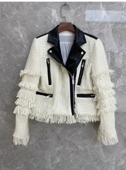 2023FW Осень Зима, Новинка, женская высококачественная Твидовая куртка в стиле пэчворк с кисточками, шикарное пальто, верхняя одежда, 2-цветная пачка