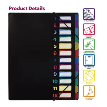 24 Прозрачных кармана, расширяющаяся папка для файлов, 12 цветных вкладок, вмещает 300 листов, органайзер для файлов, пронумерованный указатель на обложке 1ШТ