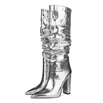 DAILOU/ серебристые сапоги из змеиной кожи; пикантные женские туфли с острым носком на массивном каблуке; дизайнерские вечерние модельные туфли в складку;