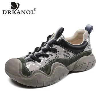 DRKANOL 2023, Модные осенние женские кроссовки из натуральной кожи на шнуровке, Толстая подошва, Разноцветная обувь, Обувь на плоской платформе с круглым носком
