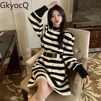 GkyocQ 2023, новое осенне-зимнее трикотажное платье, корейская мода, дизайн вязаного свитера для похудения, платья с длинными рукавами