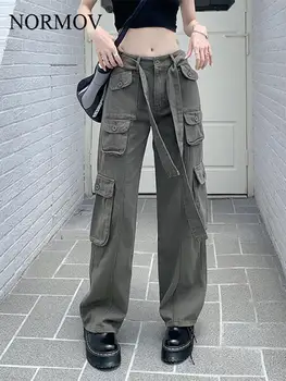 NORMOV 2023 Y2K Женские брюки-карго, женские спортивные брюки с высокой талией и карманом, свободная уличная одежда, модные ретро-брюки