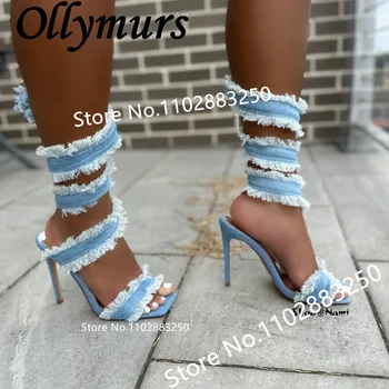 Ollymurs/ Новая джинсовая ткань, обернутая вокруг спирального ремешка на щиколотке, на шпильке, Пикантные летние босоножки для ночного клуба, Женская обувь