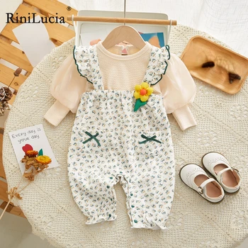 RiniLucia Sweet Комплект одежды для новорожденных девочек 2023 года, Новые осенние рубашки с длинными рукавами, ползунки с цветочным рисунком, комплекты из 2 предметов для младенцев, детская одежда