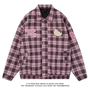 Sanrio Y2k, решетчатая куртка Hello Kitty, винтажная куртка на молнии с вышивкой, Академический стиль, Женская Свободная Теплая Одежда, Подарки