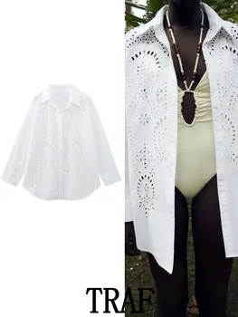 TRAF Женщины 2023 Выдалбливают Рубашки с вышивкой Модные Винтажные Однобортные Весенне Летние Повседневные Элегантные Свободные топы