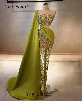 Арабские Оливково-зеленые Сексуальные прозрачные вечерние платья с длинными кристаллами и боковой накидкой, Блестящие платья Ближнего Востока для женщин, свадьбы