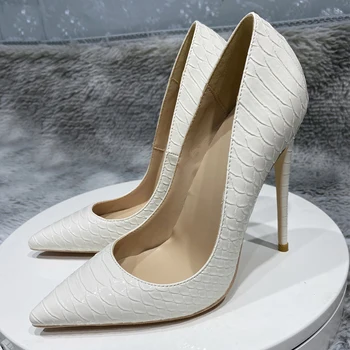 Белые женские туфли с тисненым рисунком с эффектом крокодиловой кожи на высоком каблуке с острым носком 8 см, 10 см, 12 см, сексуальные туфли-лодочки на шпильке без застежки