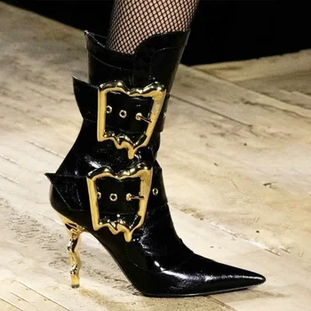брендовая обувь в стиле панк, ботинки для подиума, женские ботильоны на шпильке с металлической пряжкой, осень-зима, мотоциклетные ботинки на высоком каблуке.