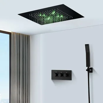 Ванная комната 360 * 500 мм цветной RGB смеситель для душа с дождевой насадкой, установленный на потолке, термостатический черный светодиодный набор для душа