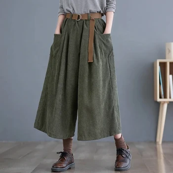 Вельветовые винтажные осенне-зимние брюки в корейском стиле с высокой талией, Свободные Женские повседневные широкие брюки, весенние брюки-капри с поясом 2023