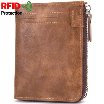 Винтажный мужской кошелек с RFID-блокировкой, высококачественный кожаный кошелек для монет, мужской держатель для карт на молнии, деловой короткий зажим для денег