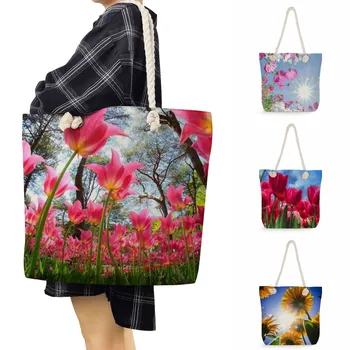 Вместительная уличная пляжная женская сумка для покупок, Толстая веревка, женские сумки через плечо, многоразовые Модные Сумки с цветочным принтом, складные