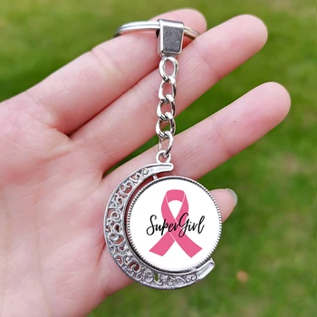 Двусторонний брелок для повышения осведомленности о раке молочной железы Super Girl Pink Ribbon Hope Ювелирные изделия Стеклянная подвеска Брелок для ключей Цепочки для женщин в подарок
