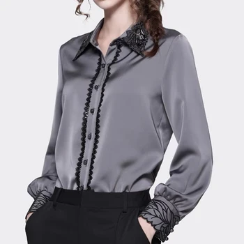 Европа Америка 2023, Осенняя атласная блузка с вышивкой бисером, Женские приталенные базовые рубашки, Элегантные офисные Винтажные повседневные топы