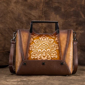 Женская сумка через плечо, сумка-тоут, натуральная кожа, воловья кожа в китайском стиле с тиснением в стиле ретро, женская сумка-мессенджер с верхней ручкой
