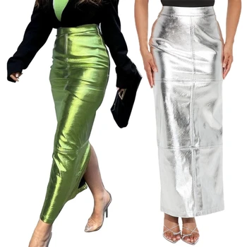 Женская юбка из искусственной кожи, весенне-летние макси-юбки-карандаш с разрезом, юбка с высокой талией