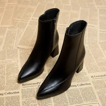 Женские ботинки Martin в британском стиле, короткие ботинки с острым носком и застежкой-молнией сзади, ботильоны на толстом каблуке на осень-зиму Q463