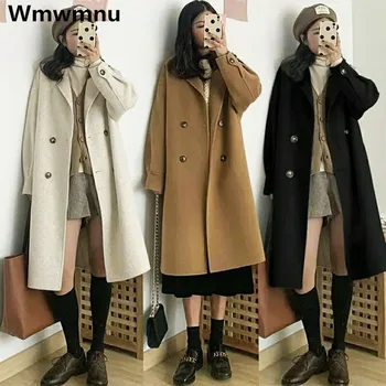 Женские двубортные шерстяные пальто в стиле ретро, осень-зима, Длинные куртки без подкладки, повседневные пальто в корейском стиле, теплые, плотные, новинка 2023 года