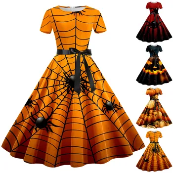 Женское платье на Хэллоуин с рисунком паука и тыквы, платья-качели трапециевидной формы с коротким рукавом, Вечернее платье для выпускного вечера, винтажная одежда 50-х годов