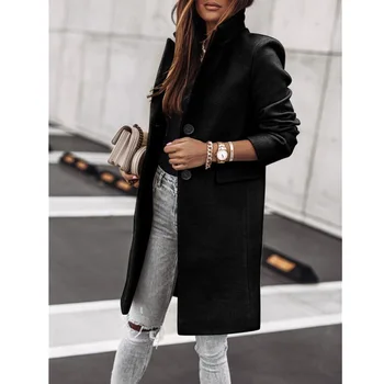 Женское шерстяное пальто, осенне-зимнее новое простое шерстяное пальто на пуговицах с длинным рукавом