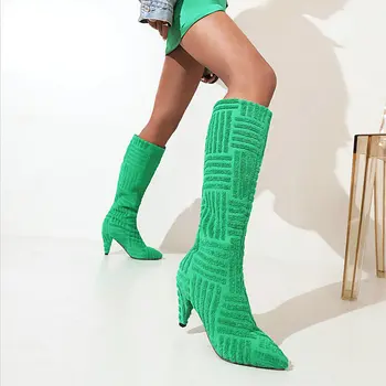Зимнее ярко-зелено-оранжевое махровое полотенце из трикотажной ткани, женские сапоги до колена на высоком каблуке с острым носком и шипами, Обувь для подиума, Размер 34-43
