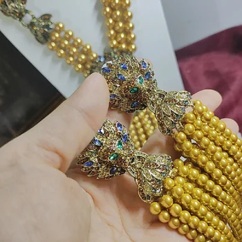 Золотая глазурь многослойный жемчуг голова льва леопардовая бахрома ожерелье свитер цепочка серьги комплект сережек женский