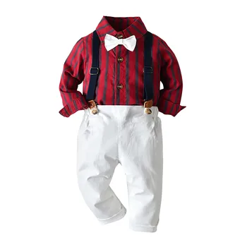 Комплект из 3 предметов с галстуком-бабочкой для маленьких мальчиков, топы и штаны в полоску с длинными рукавами, детская одежда, комбинезоны conjuntos para niño
