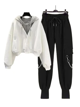 Комплект из двух предметов с капюшоном, брюки-карго, женская уличная одежда, свободная цепочка, осенняя женская уличная одежда Harajuku, свободное пальто + брюки-карго