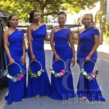 Королевское синее атласное свадебное платье для гостей на одно плечо, платья подружек невесты в стиле русалки, элегантные платья для подружек невесты, свадебные женские платья