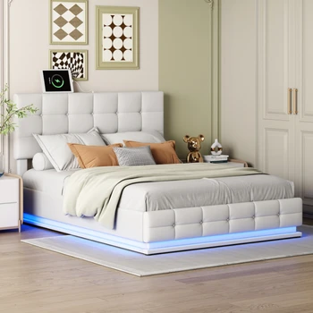 Кровать-платформа с гидравлической системой хранения, светодиодными лампами из полиуретана размера Queen Size и USB-зарядным устройством, белая