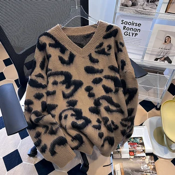 Леопардовый принт, Сексуальные вязаные пуловеры с V-образным вырезом, Женские осенние Свободные женские свитера, зимние модные Корейские повседневные теплые свитера 29022