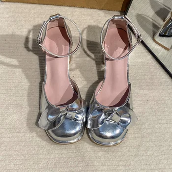 Летние Новые женские босоножки Mary Jane на среднем каблуке, модная женская обувь на массивном каблуке, роскошные брендовые туфли-лодочки, сексуальные вечерние тапочки с бантом, обувь