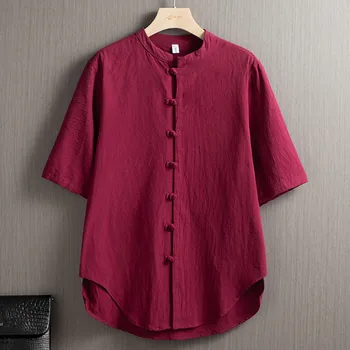 Льняная рубашка Мужская 2023 Китайская Винтажная Рубашка С короткими рукавами на пуговицах, Футболка Однотонного цвета Со Стоячим воротником, Свободный Топ Большого размера
