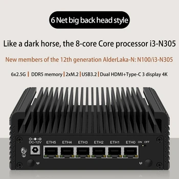 Маршрутизатор брандмауэра 6 LAN 2.5G Intel N100 i3 N305 12-го поколения 6x i226-V DDR5 2xHDMI2.1 USB3.2 Type-C pfSense Proxmox Безвентиляторный мини-ПК