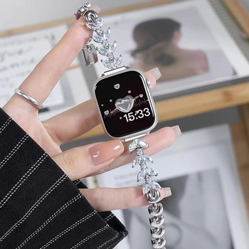 Металлический ремешок с бриллиантами для Apple Watch Band Ultra 49 мм 45 мм 41 мм Браслет из нержавеющей Стали для Iwatch Серии 8 7 6 SE 40 мм 42 мм 44 мм