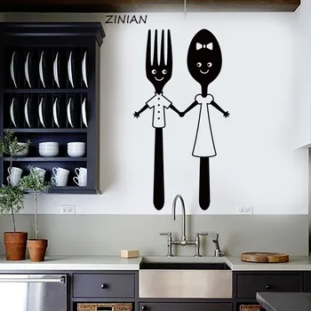 Милые наклейки на стены с ложкой и вилкой для кухни, ресторана, столовой, наклейки для украшения дома, водонепроницаемая мультяшная виниловая наклейка Z128