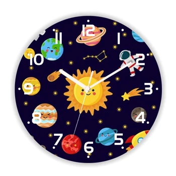 Милый мультфильм Космическое пространство Солнечная Система Вселенная Ракета Мальчик Настенные часы для детской спальни Большие настенные часы Подарок для домашнего декора