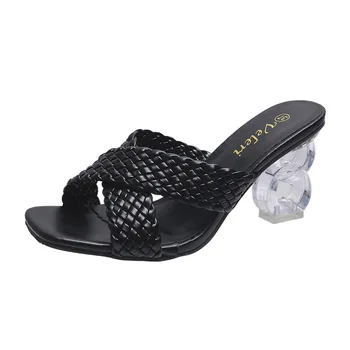 мода 2023, Новые летние тканые кристально чистые женские босоножки на высоком каблуке, Однотонная Удобная женская обувь, Размер