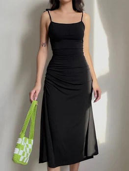 Модное Сексуальное Черное платье с рюшами на ремешках, нерегулярное Элегантное длинное платье с открытой спиной, вечерние Летние платья, женская одежда 2023 года