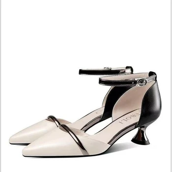 Модные женские туфли Mujer на высоком каблуке с милым острым носком и пряжкой, на шнуровке, женские крутые черные вечерние туфли-лодочки на высоком каблуке с белоснежным оттенком