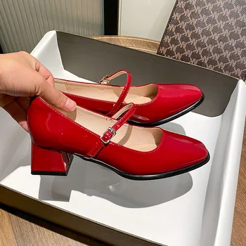 Модные туфли-лодочки из лакированной кожи на толстом низком каблуке 4,5 см, женская модельная обувь бордового цвета для женщин 38 39