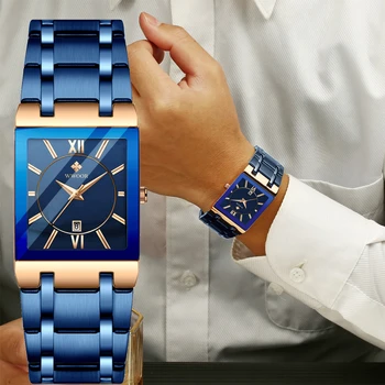 Модные часы Мужские Wwoor Роскошные Квадратные Синие Мужские Наручные Часы Из Нержавеющей Стали Водонепроницаемые Кварцевые Часы Мужские Relogio Masculino