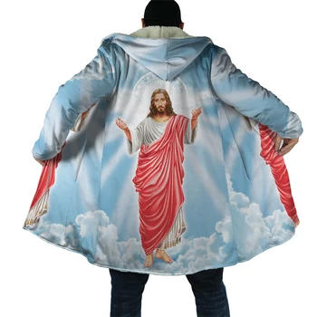 Модный зимний мужской плащ с капюшоном, графика Иисуса, 3D-печать, Флисовая ветровка, Повседневный Толстый теплый плащ с капюшоном, пальто