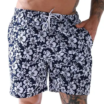Мужские пляжные шорты Короткие плавки с цветочным принтом и сетчатой подкладкой 2 кармана для летних мужчин, повседневные шорты с эластичной резинкой на талии