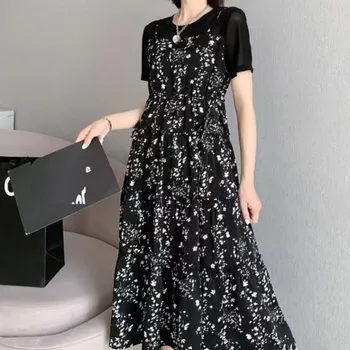 Негабаритное пухлое платье свободного кроя из двух частей с цветочным рисунком 2023, новое летнее платье с поясом и тонкой юбкой А-силуэта для