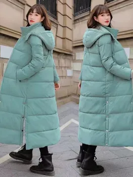 Новые женские пальто, женские длинные зимние куртки с разрезом выше колена, теплые толстые парки, модные хлопковые пальто с капюшоном в корейском стиле.